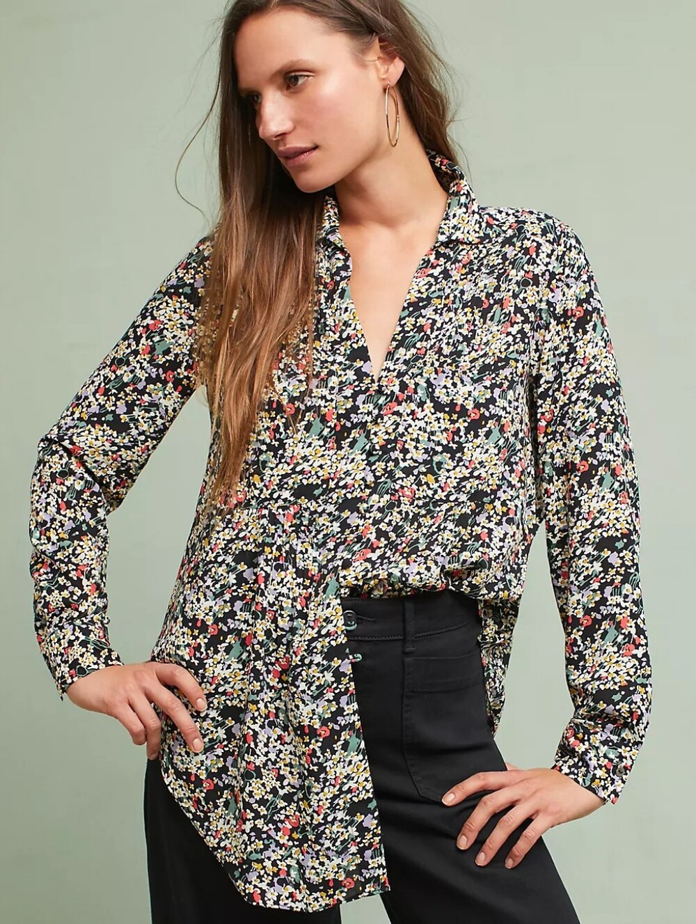 Maeve Floral Split-Neck Long-Sleeve Blouse - Black Multi Size S